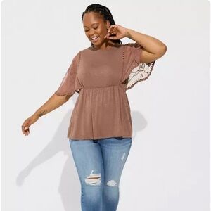 Knit Crew Neck Lace Dolman Sleeve Babydoll Top